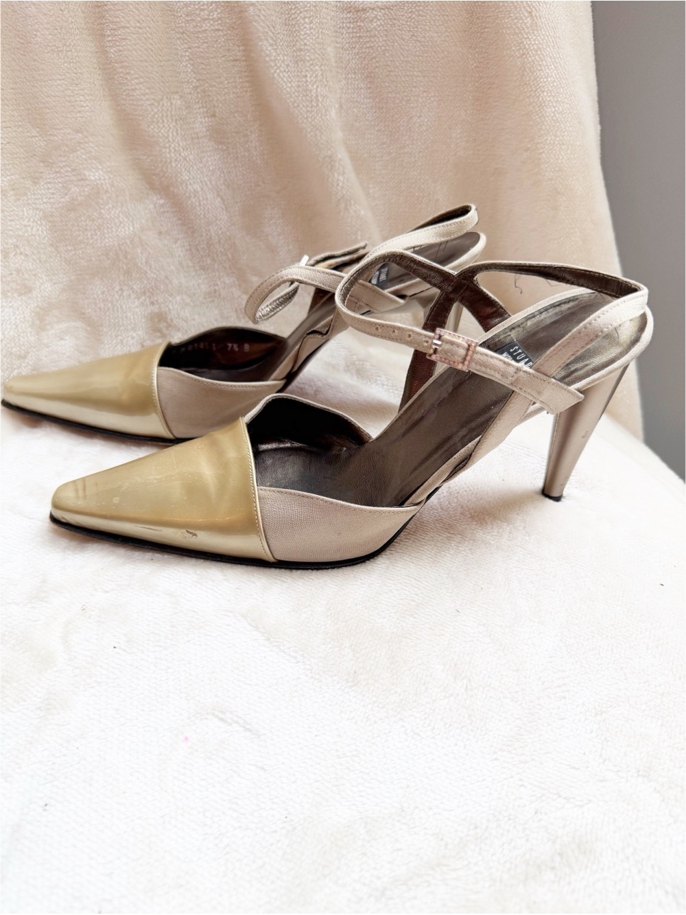 Stuart Weitzman Patent Leather and Fabric Pointed Toe Strappy High Heels